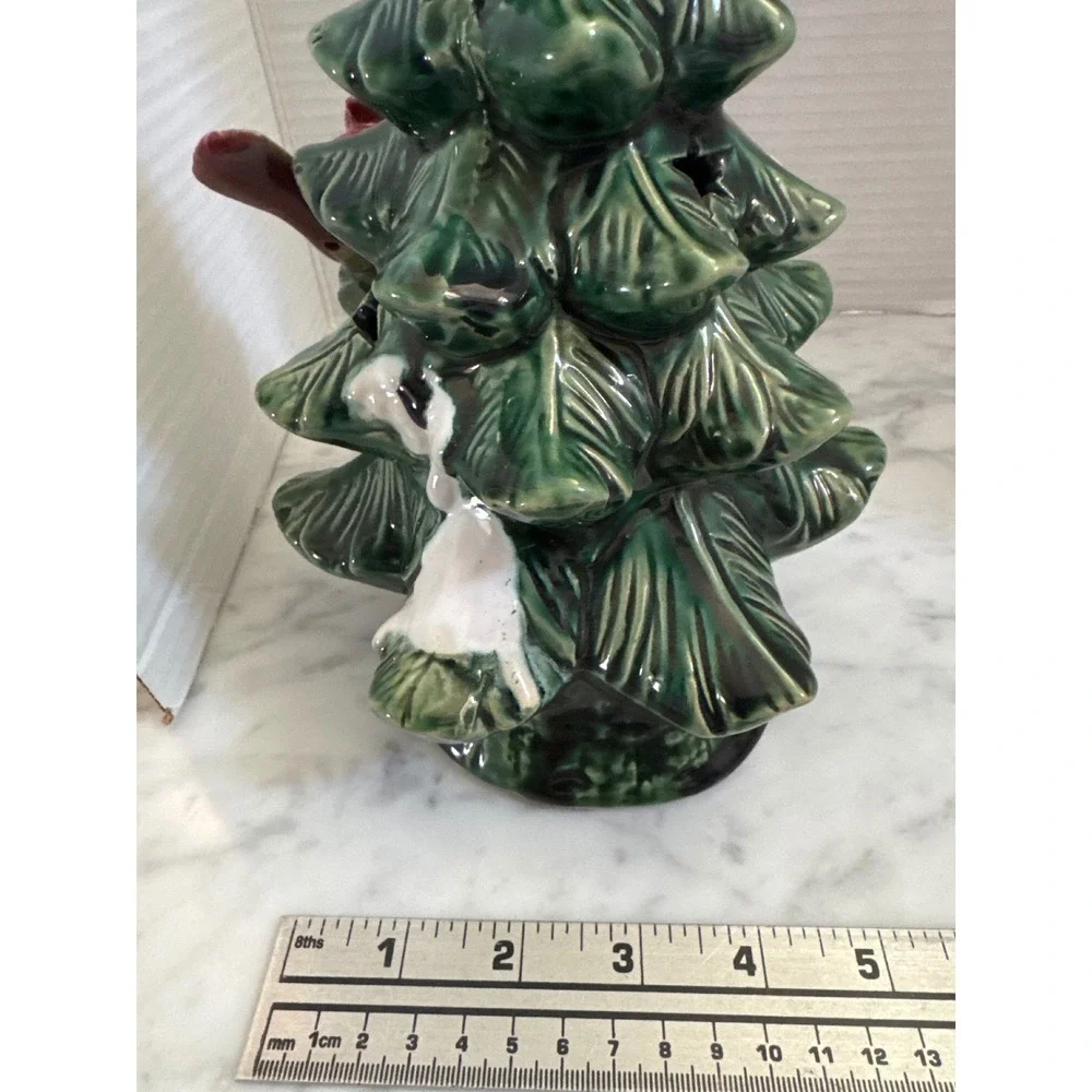 Ceramic Christmas Tree Figurine with Red Cardinals and Star Cutouts 11 Inch